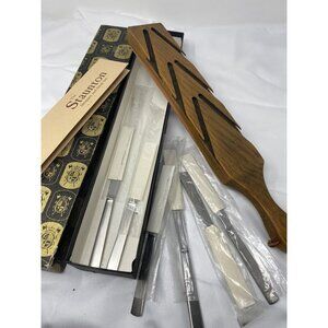 Vintage Staunton 6 Pc Steak Knife Set With Oak & Leather Stropper New